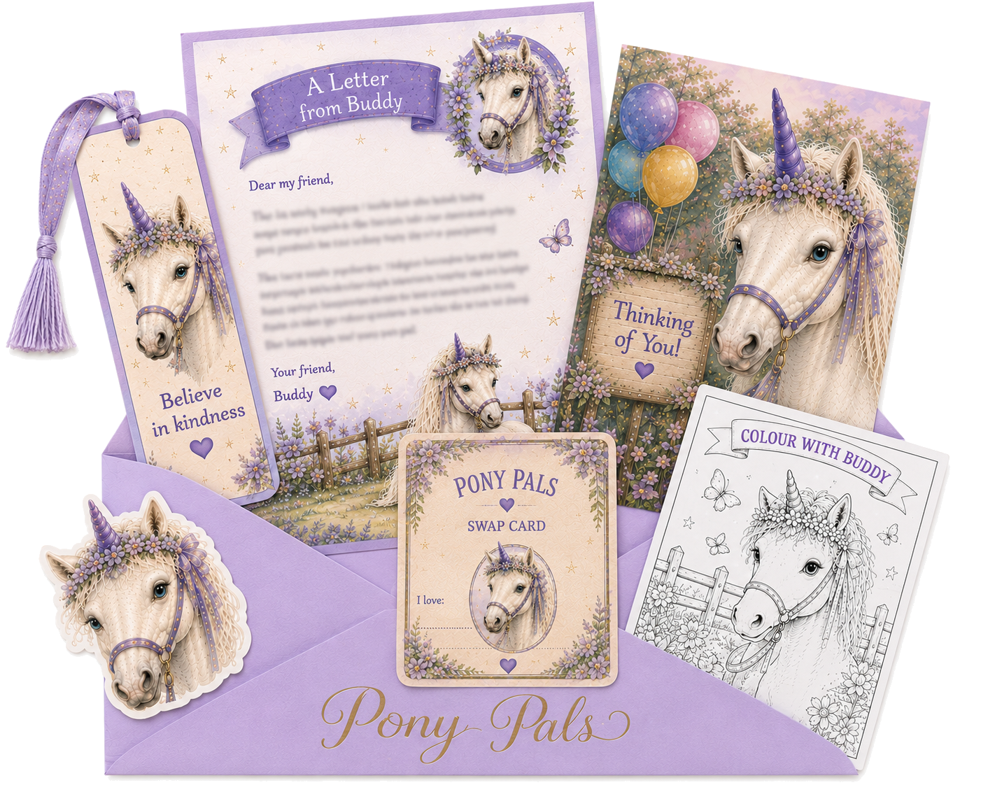 Buddy Pony Pal letter, envelope, keepsake card, swap card, and colouring activity arranged together