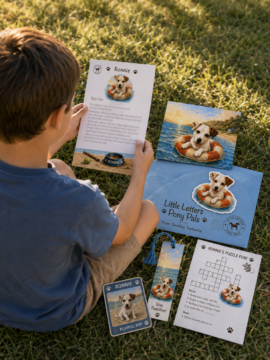 A child reading Ronnie's letter beside a Ronnie activity card, envelope, keepsake, and puzzle
