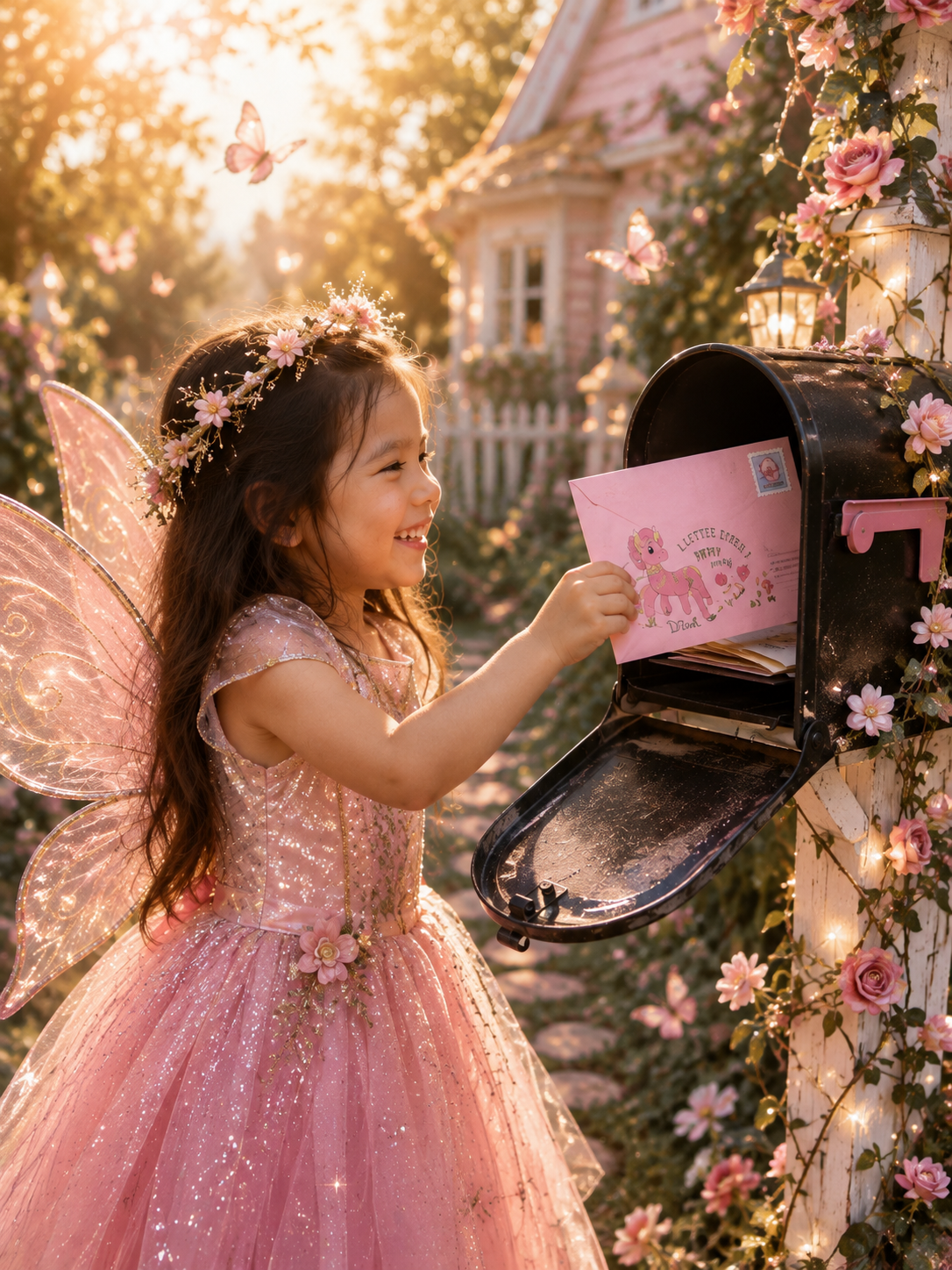 A Pony Pal envelope arriving in a flower-filled mailbox