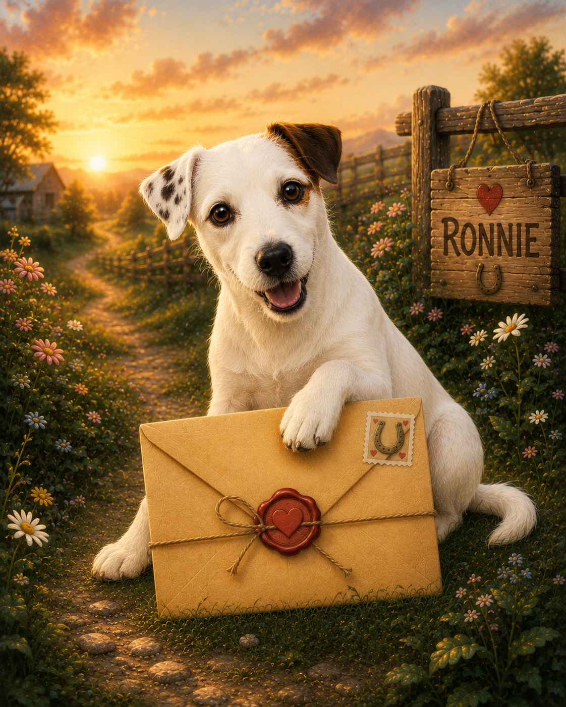 Ronnie, a cheerful Jack Russell beside a colourful Pony Pal letter