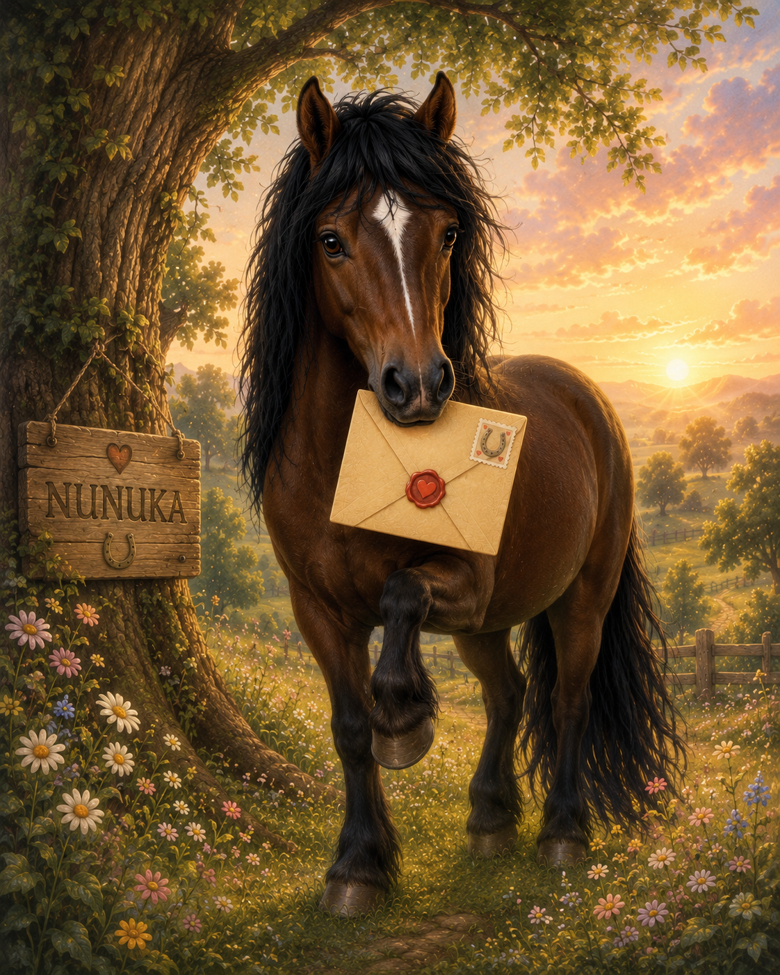 Nunuka, a gentle brown pony standing in a sunlit meadow
