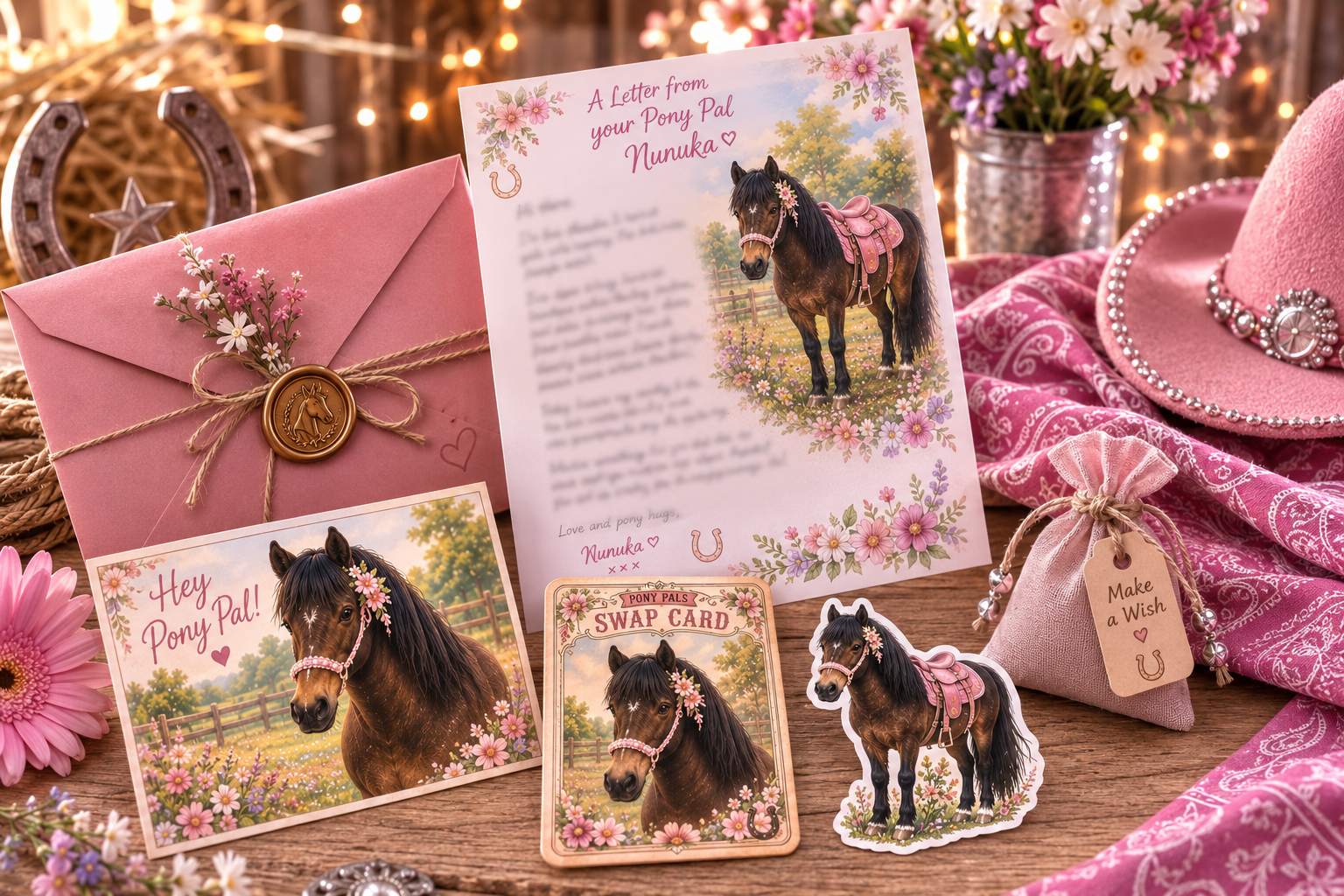 Nunuka Pony Pal letter, envelope, keepsake card, swap card, and pony surprise arranged together
