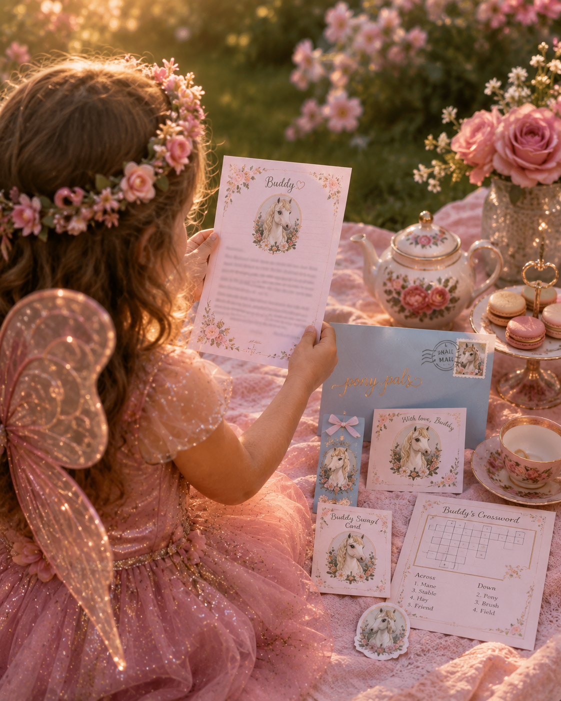 A child opening a magical Pony Pal letter with colourful keepsakes