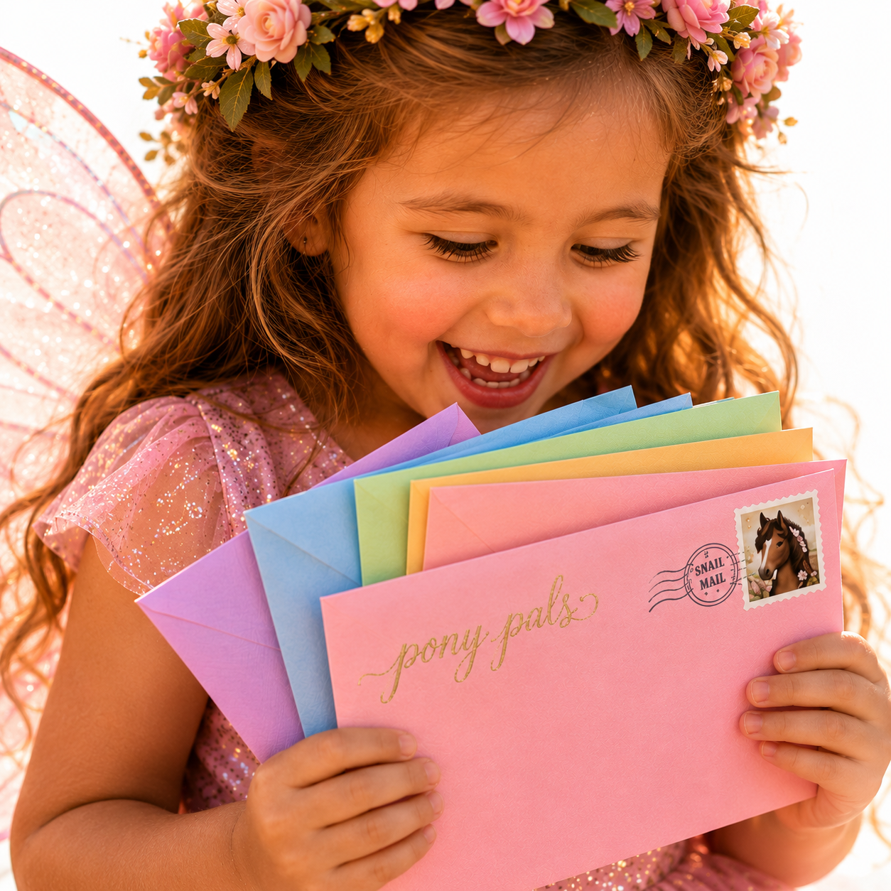 A child smiling while holding colourful Pony Pal envelopes from Buddy, Nunuka, and Ronnie